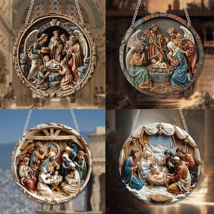 Christian Art 4 Realistic Colored Sculpture Styles Christmas Nativity Hanging Ornaments