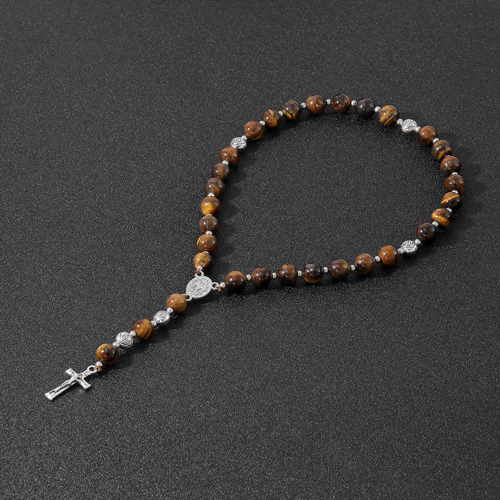 Christianartworkshop Miraculous Medal & Crucifix of 8 mm Round Multicolor Stone Nylon Cord Rosary - Yellow Tiger Eye Stone - image 3