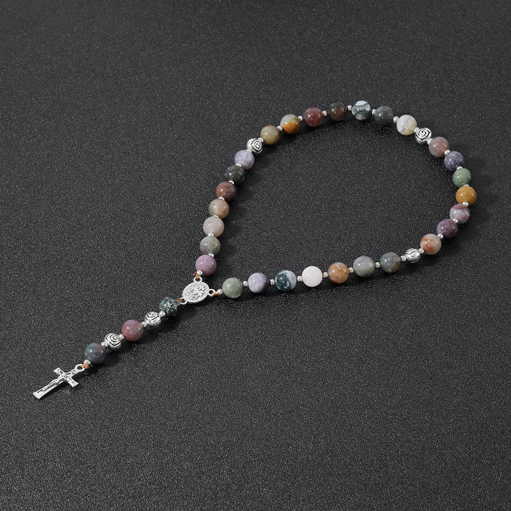 Christianartworkshop Miraculous Medal & Crucifix of 8 mm Round Multicolor Stone Nylon Cord Rosary - Indian Agate - image 0