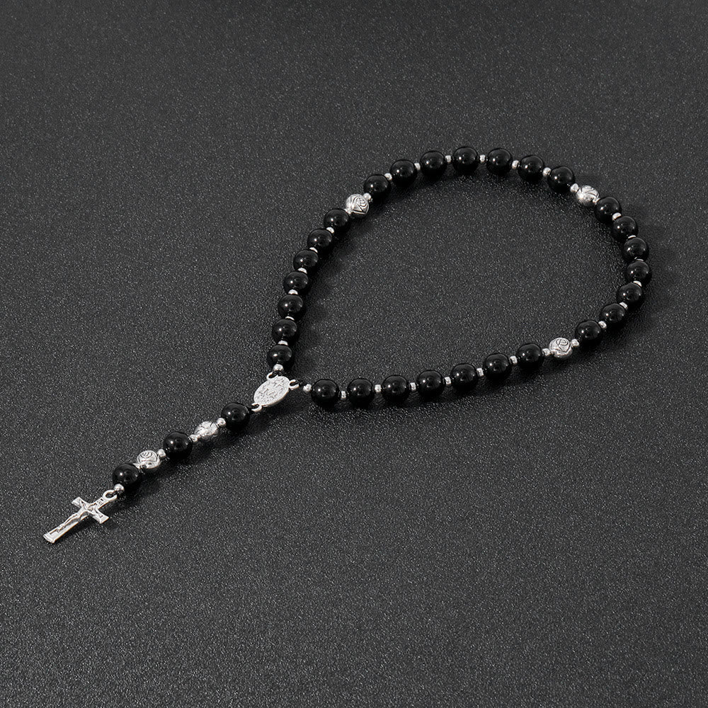 Christianartworkshop Miraculous Medal & Crucifix of 8 mm Round Multicolor Stone Nylon Cord Rosary - Polished Black Agate - image 12