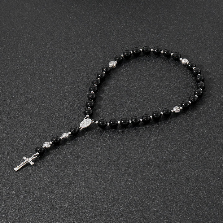 Christianartworkshop Miraculous Medal & Crucifix of 8 mm Round Multicolor Stone Nylon Cord Rosary - Polished Black Agate - image 12