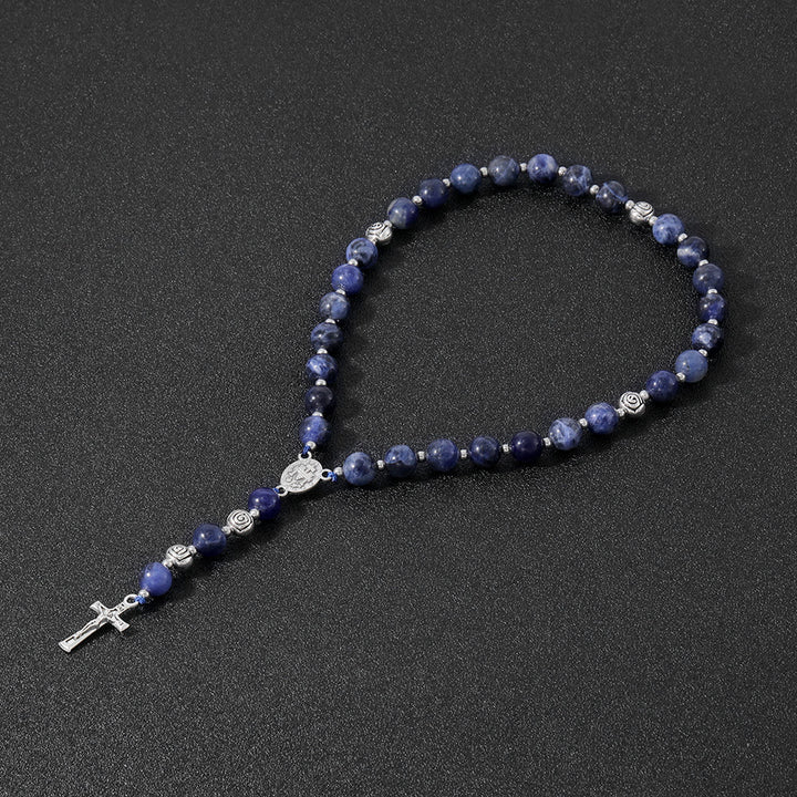 Christianartworkshop Miraculous Medal & Crucifix of 8 mm Round Multicolor Stone Nylon Cord Rosary - Blue Stone - image 9