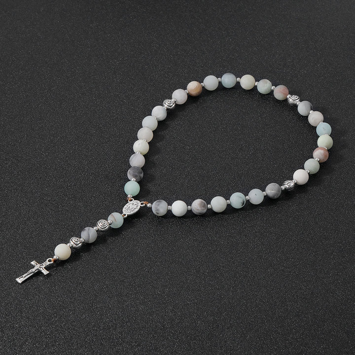 Christianartworkshop Miraculous Medal & Crucifix of 8 mm Round Multicolor Stone Nylon Cord Rosary - Frosted Amazon Stone - image 6