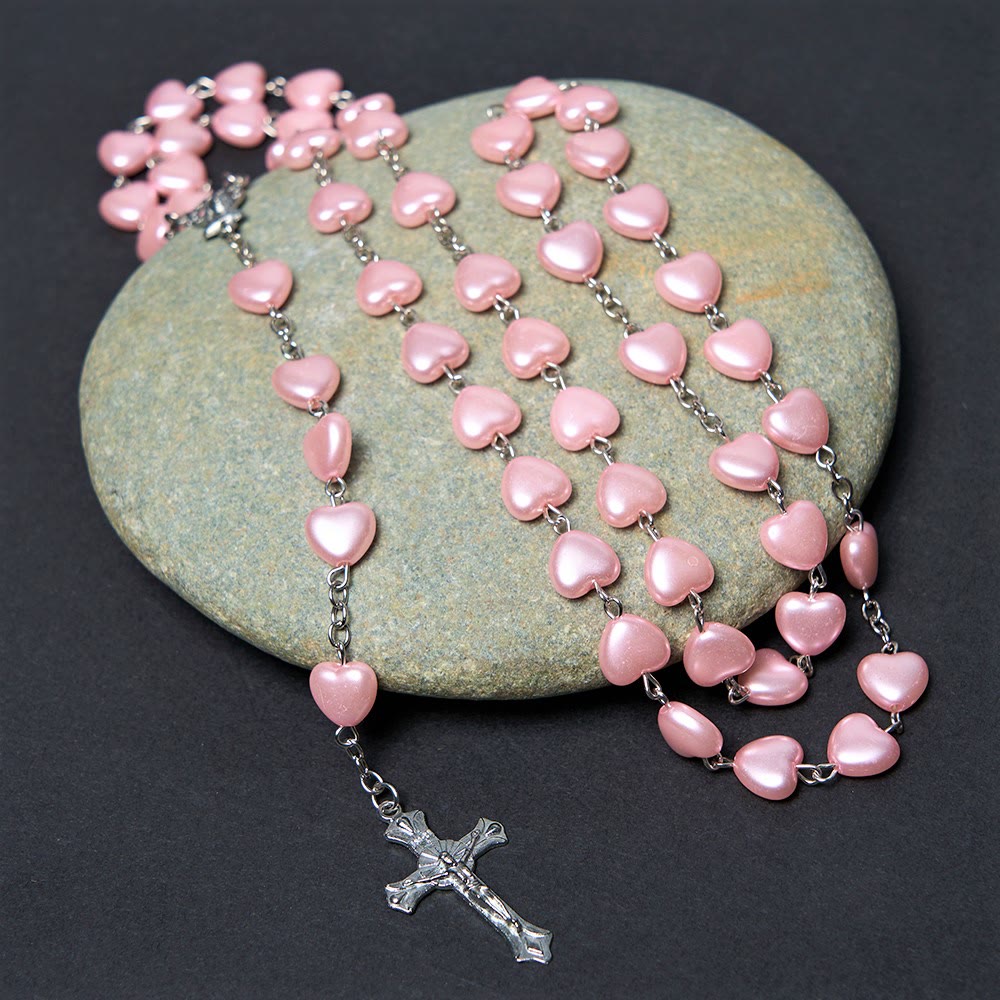 Discount Today: Our Lady of Fátima & Crucifix of 10 mm Heart Pink Acrylic Alloy Chain Rosary