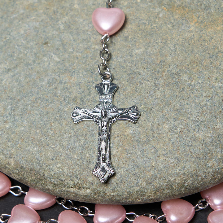 Discount Today: Our Lady of Fátima & Crucifix of 10 mm Heart Pink Acrylic Alloy Chain Rosary