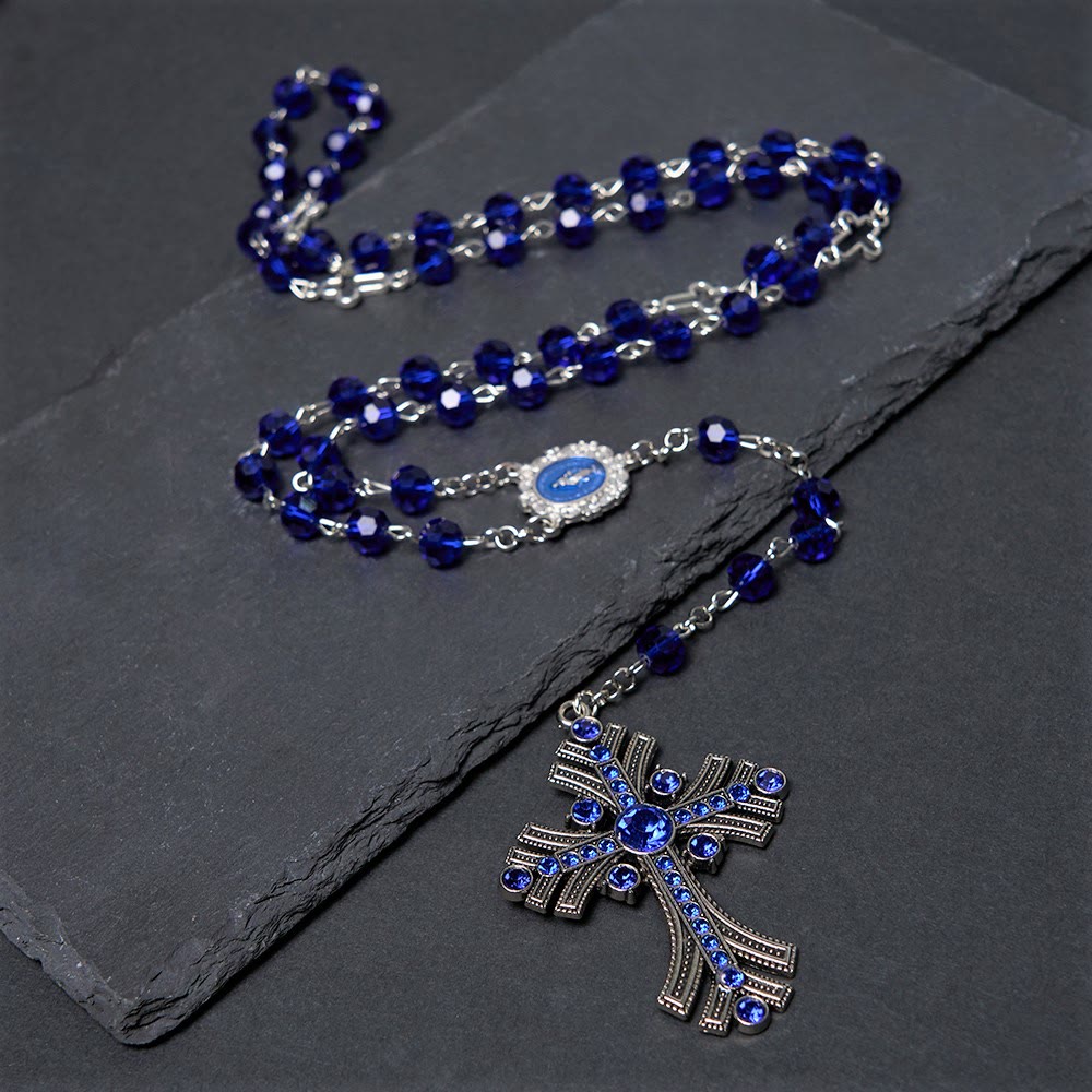 Christianartworkshop Miraculous Medal & Cross of 8 mm Polyhedron Blue Crystal Alloy Chain Rosary - image 6