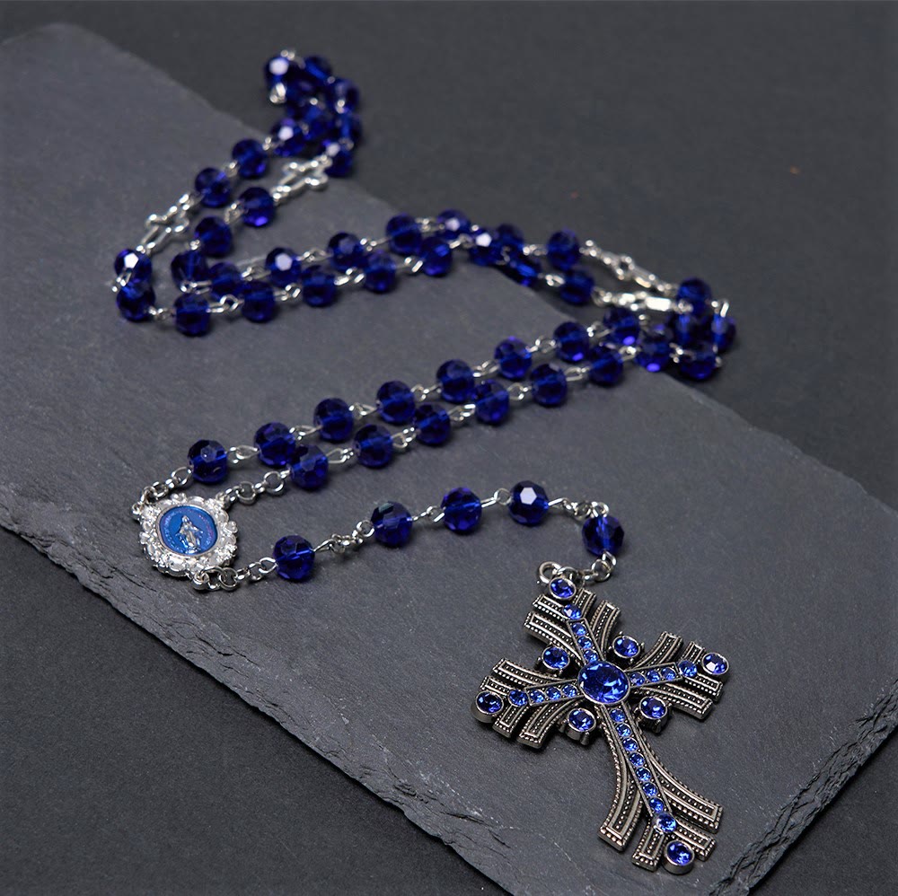 Discount Today: Christian Art Miraculous Medal & Cross of 8 mm Polyhedron Blue Crystal Alloy Chain Rosary