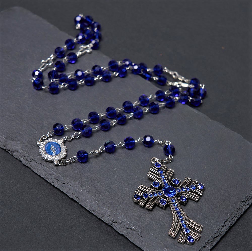 FREE Today: Christian Art Miraculous Medal & Cross of 8 mm Polyhedron Blue Crystal Alloy Chain Rosary - image 9