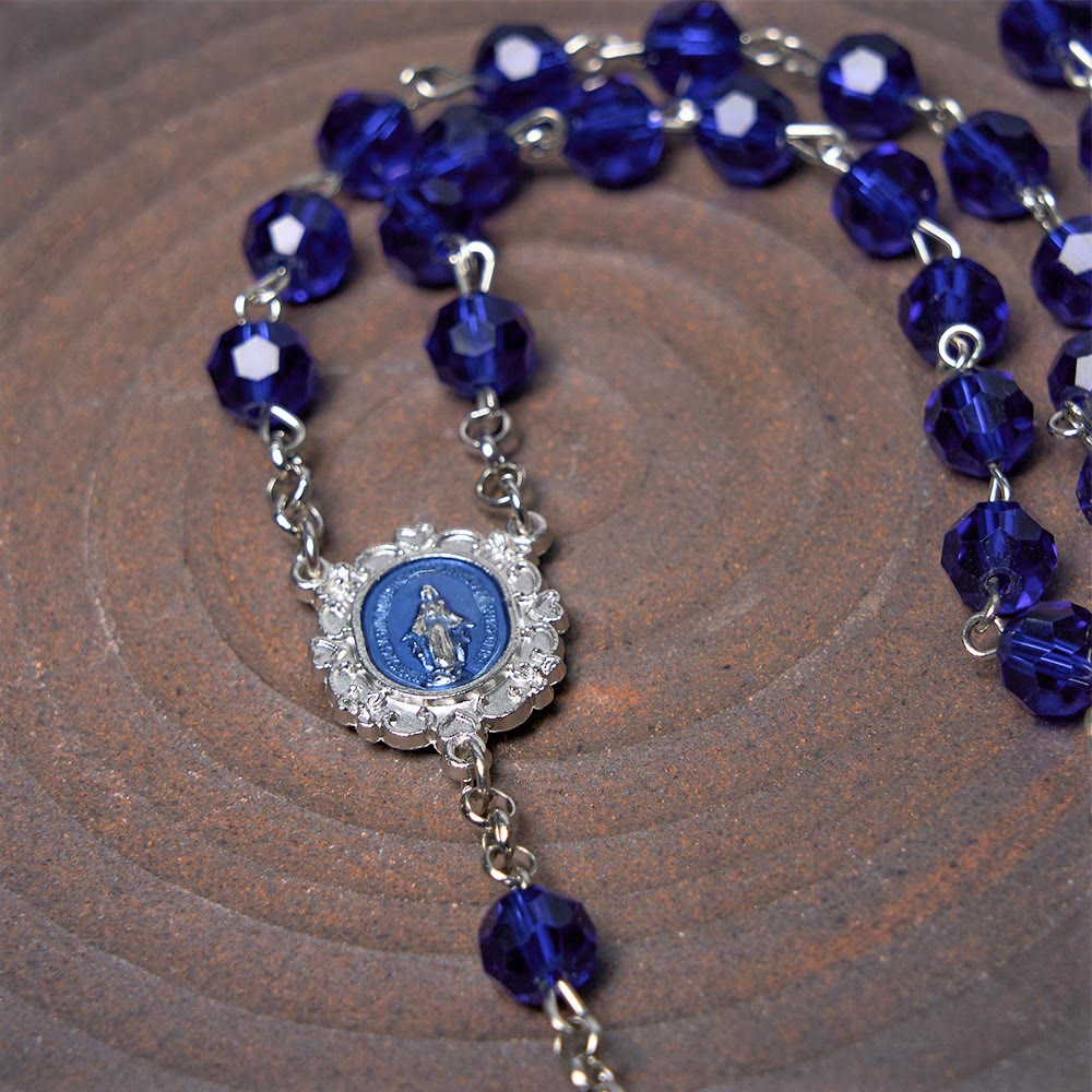 Christianartworkshop Miraculous Medal & Cross of 8 mm Polyhedron Blue Crystal Alloy Chain Rosary - image 13