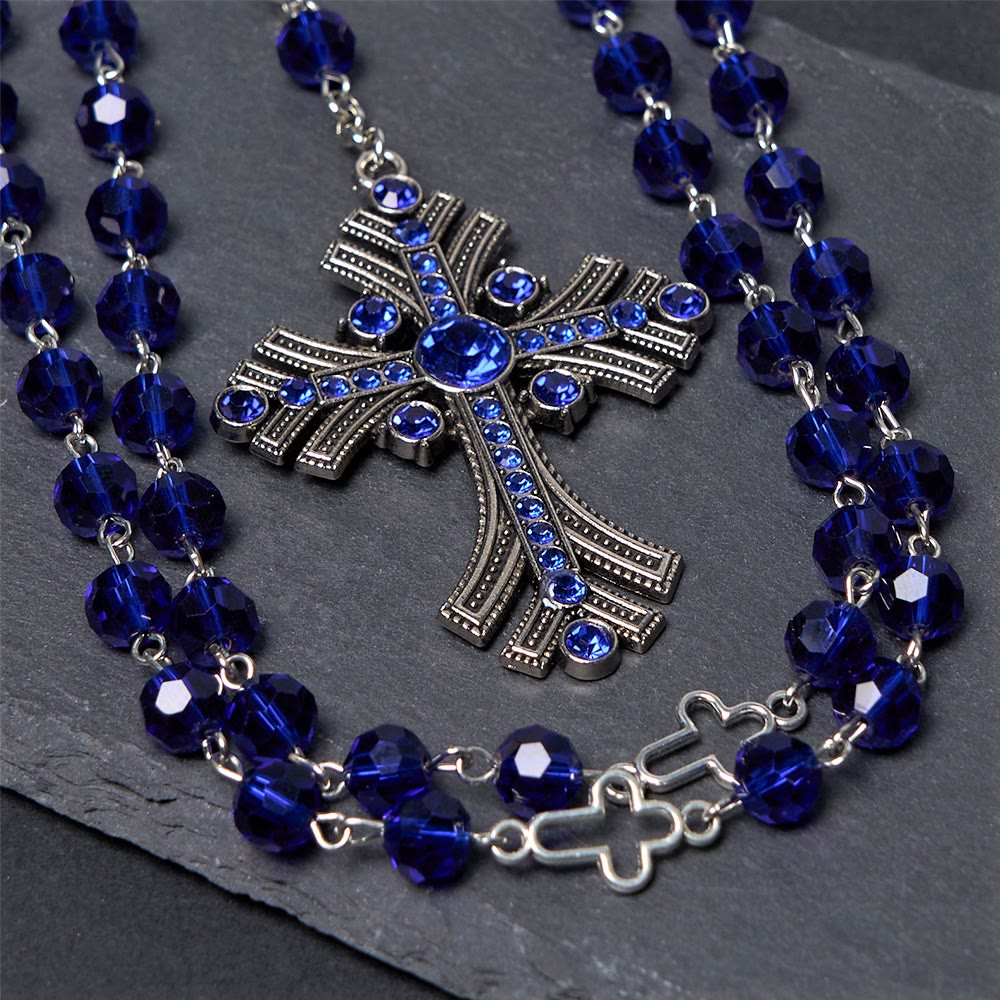 FREE Today: Christian Art Miraculous Medal & Cross of 8 mm Polyhedron Blue Crystal Alloy Chain Rosary - Blue - image 0