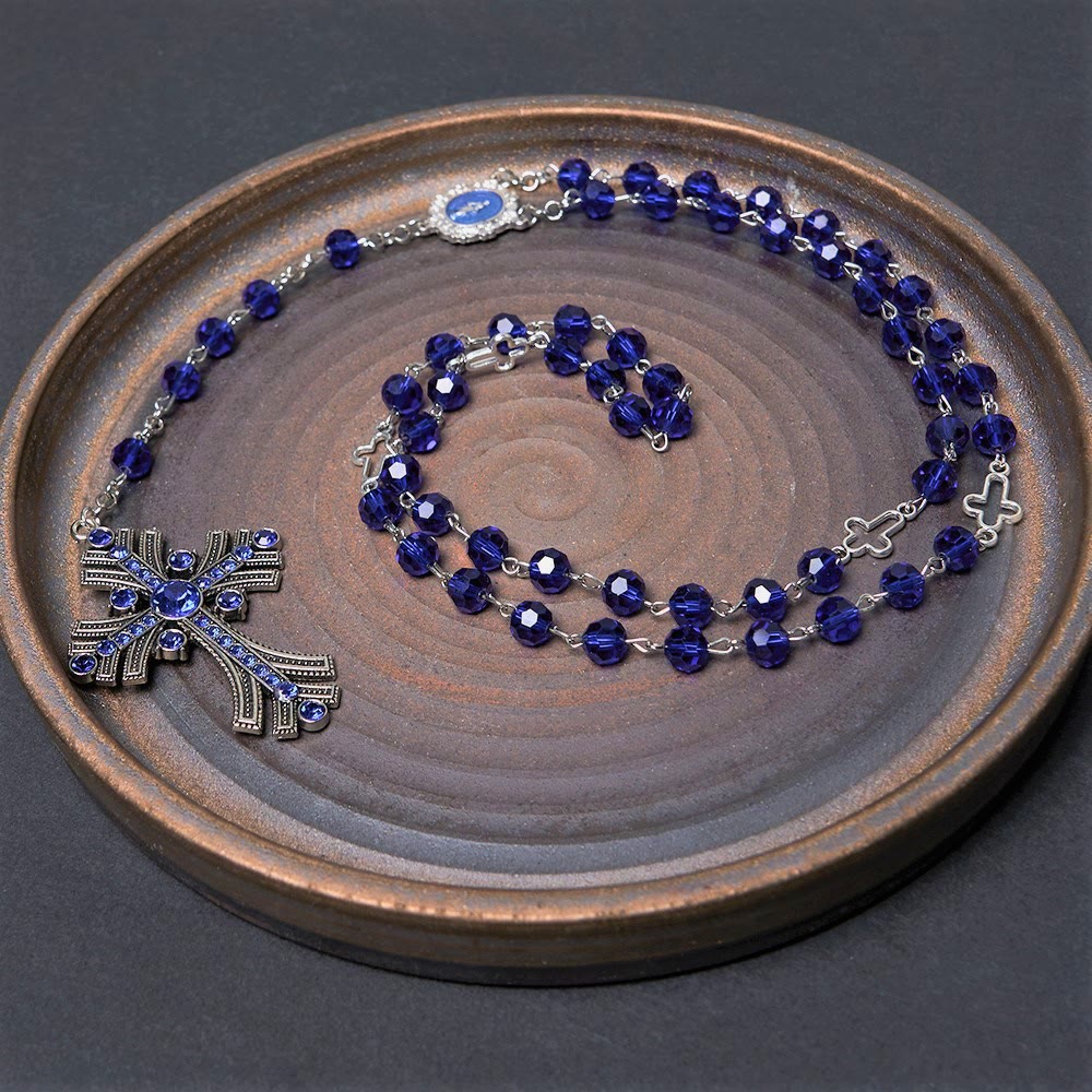 Christianartworkshop Miraculous Medal & Cross of 8 mm Polyhedron Blue Crystal Alloy Chain Rosary - image 11