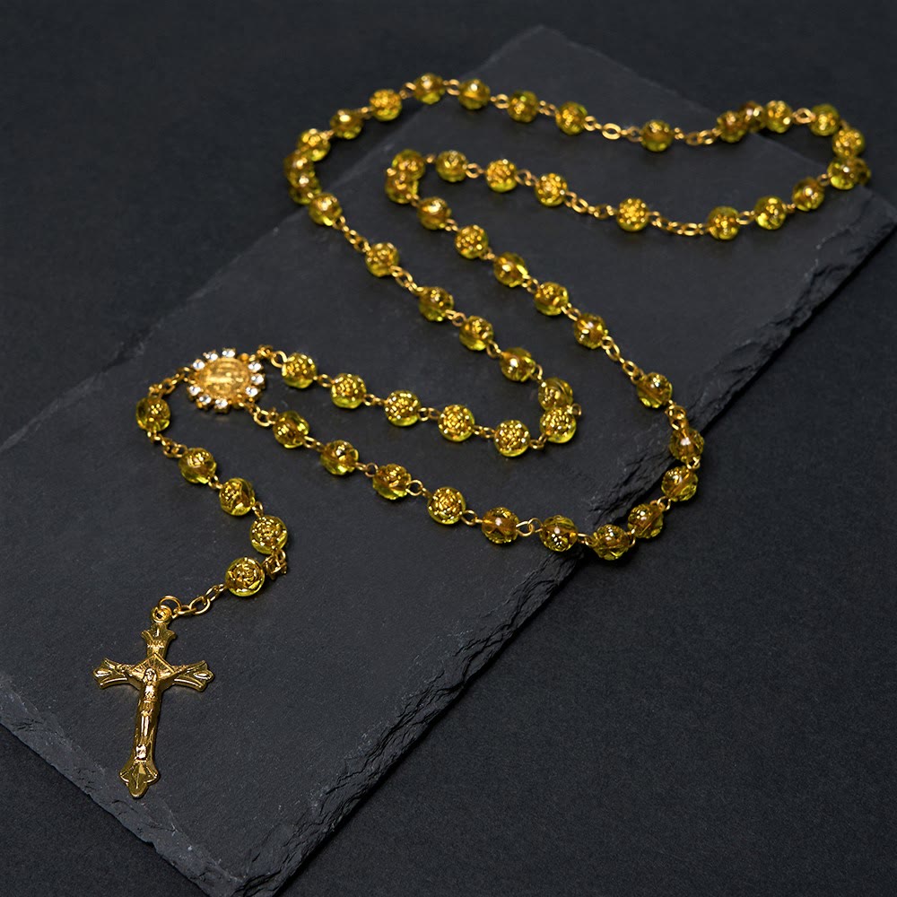 Christianartworkshop St. Benedict Medal & Crucifix of 8 mm Round Multicolor Acrylic Alloy Chain Rosary - Golden - image 7
