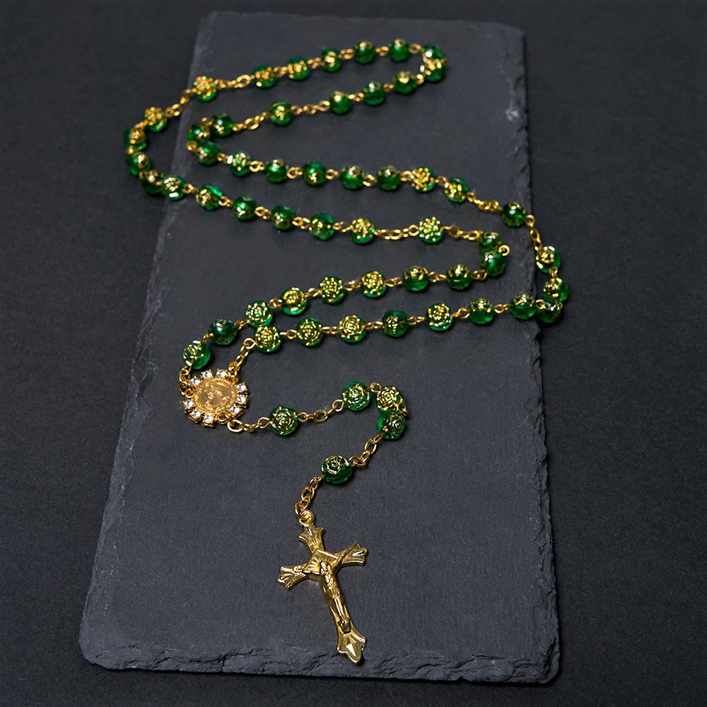 FREE Today: Christian Art St. Benedict Medal & Crucifix of 8 mm Round Multicolor Acrylic Alloy Chain Rosary - Green - image 8
