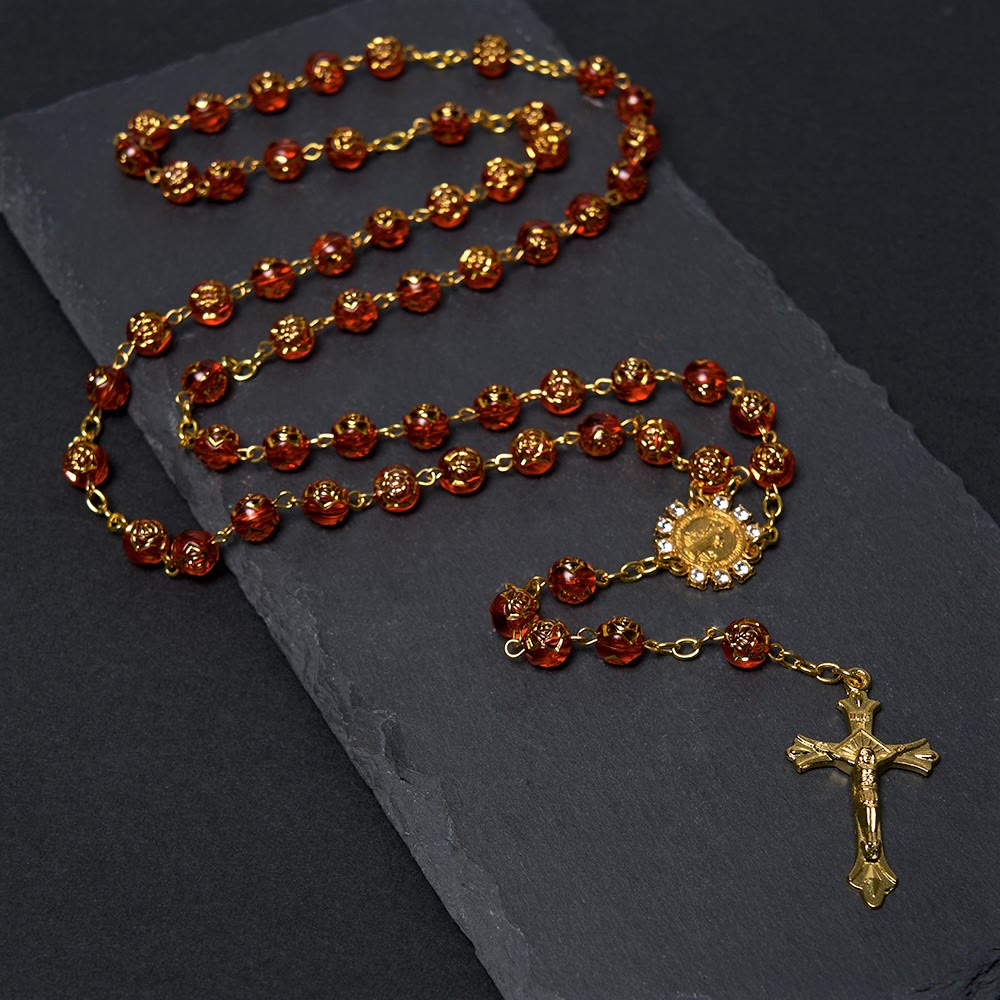 FREE Today: Christian Art St. Benedict Medal & Crucifix of 8 mm Round Multicolor Acrylic Alloy Chain Rosary - Red - image 0