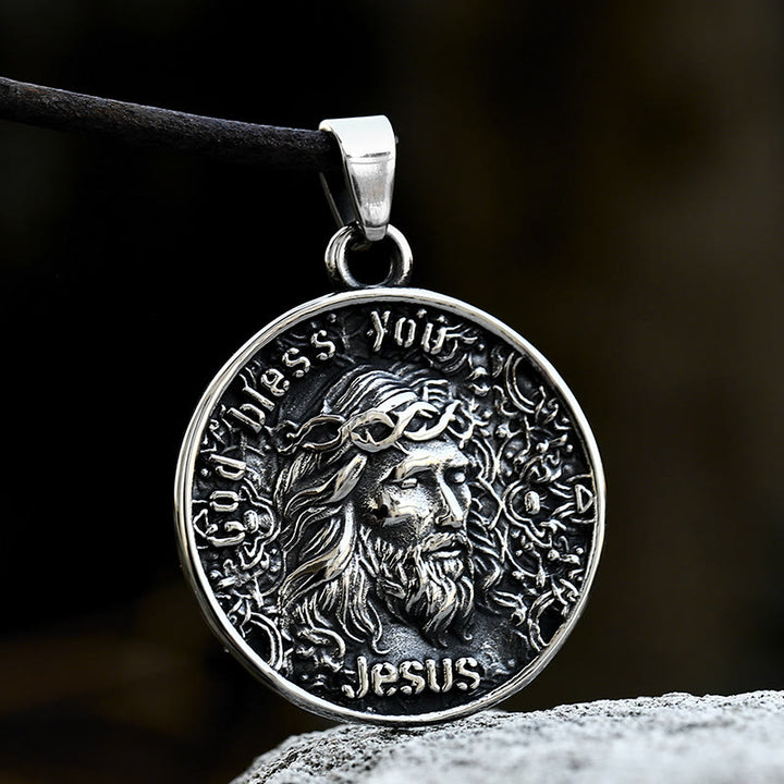 Christian Art Classic Style Crafted God Bless You Jesus Pendant Necklace