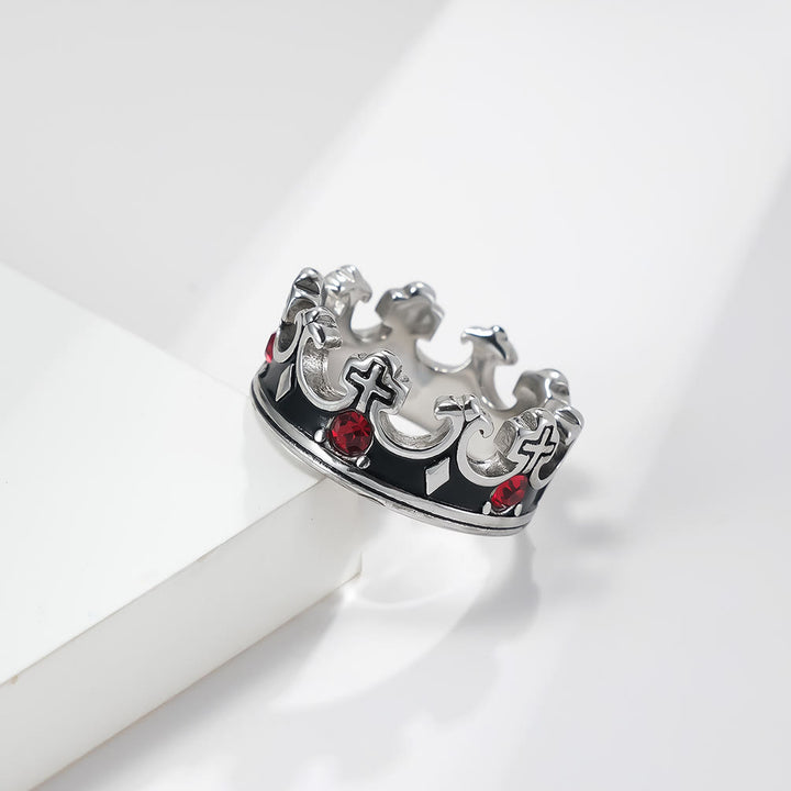 Christianartworkshop Retro Style Red Gem Papal Crown Cross Titanium Ring - Silver - US 13 - image 2