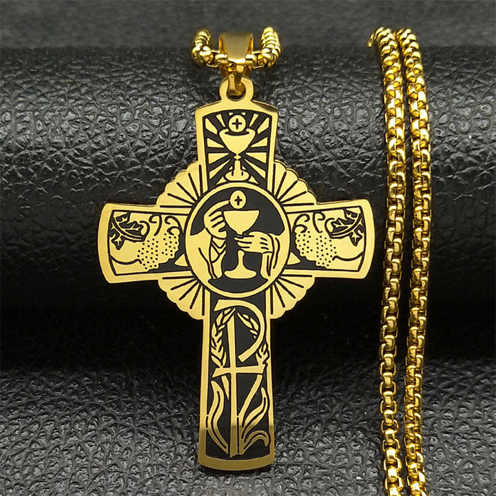 Christianartworkshop Multi-element Style Eucharist Halo Grapevine Cross Necklace