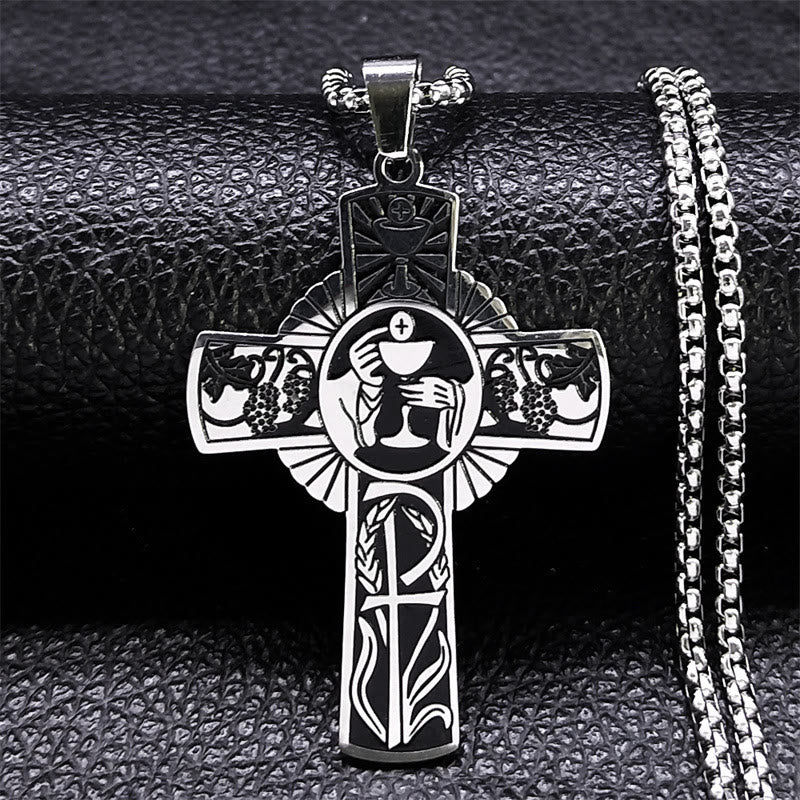 Christian Art Multi-element Style Eucharist Halo Grapevine Cross Necklace