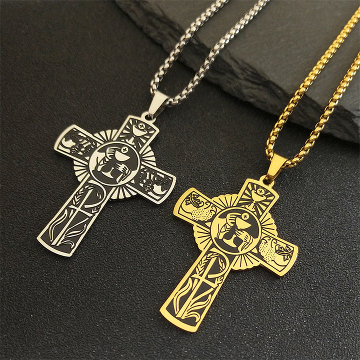 Christian Art Multi-element Style Eucharist Halo Grapevine Cross Necklace