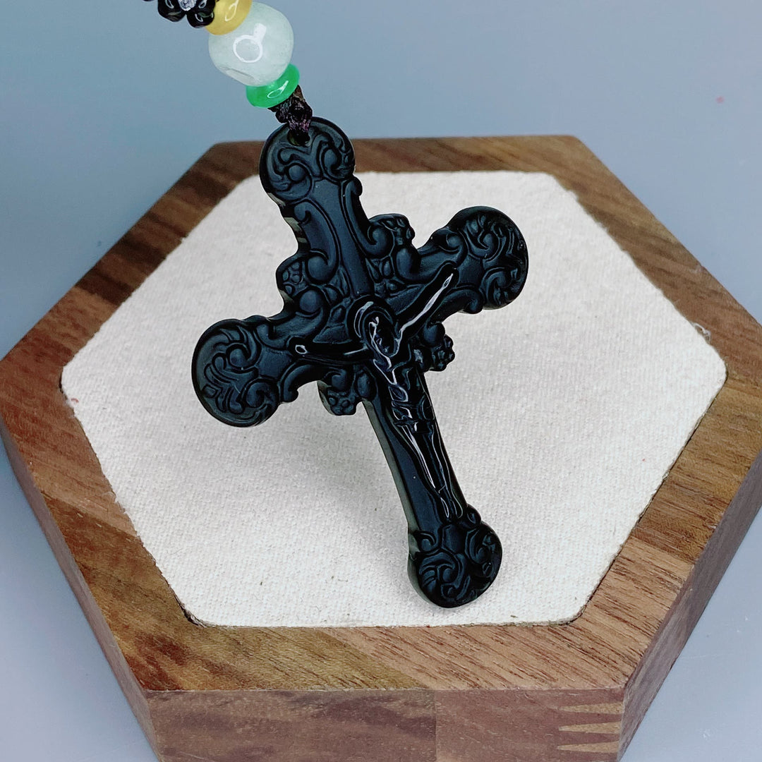 Christianartworkshop Classic Style Crafted Obsidian Crucifix Pendant Necklace