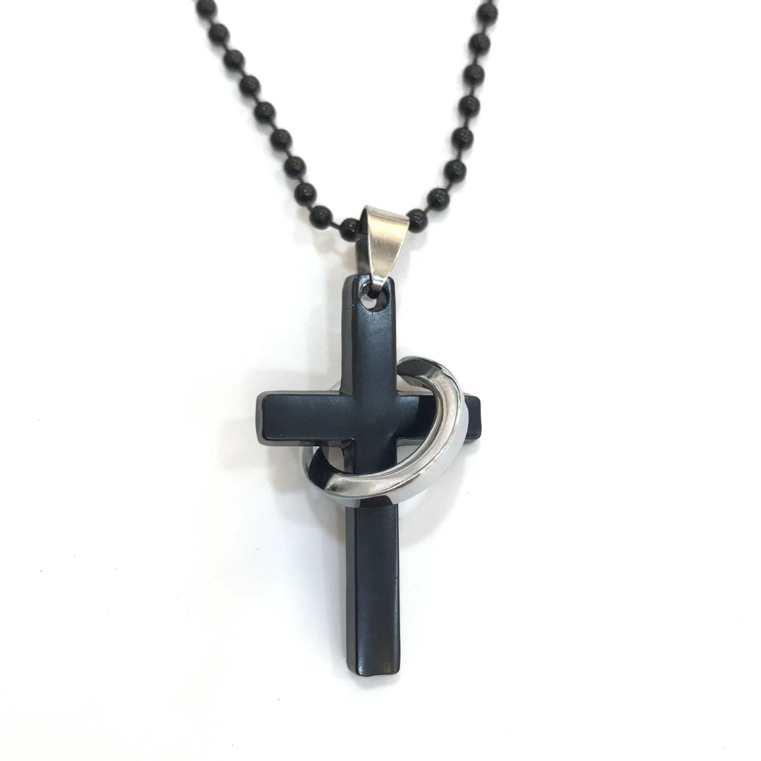 Christianartworkshop Minimalist Style Cross Ring Black Pendant Alloy Necklace