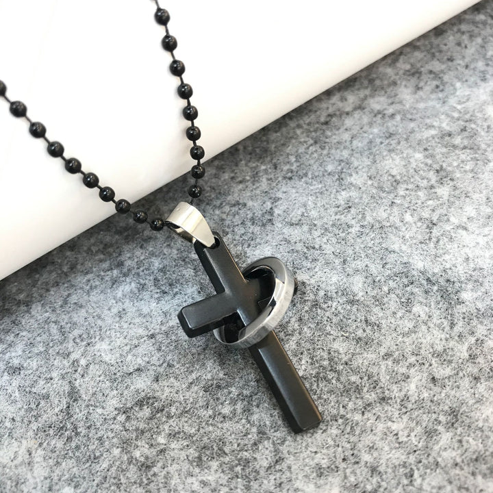 Christian Art Minimalist Style Cross Ring Black Pendant Alloy Necklace