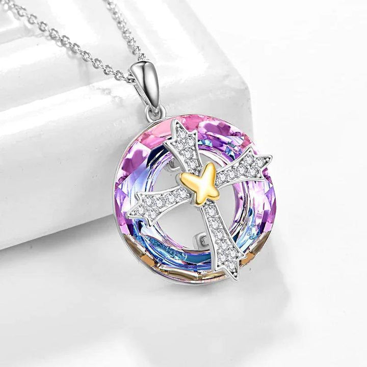 Christianartworkshop Modern Style Friendship Blessing Cross Bowknot Crystal Necklace