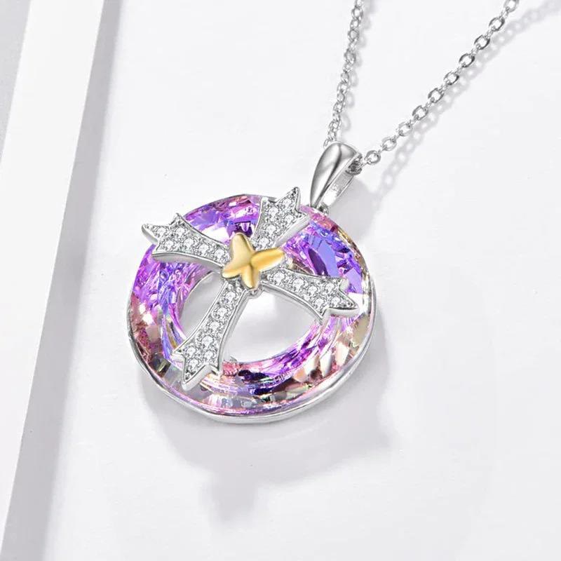 Christianartworkshop Modern Style Friendship Blessing Cross Bowknot Crystal Necklace