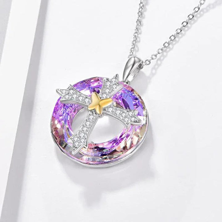 Christianartworkshop Modern Style Friendship Blessing Cross Bowknot Crystal Necklace