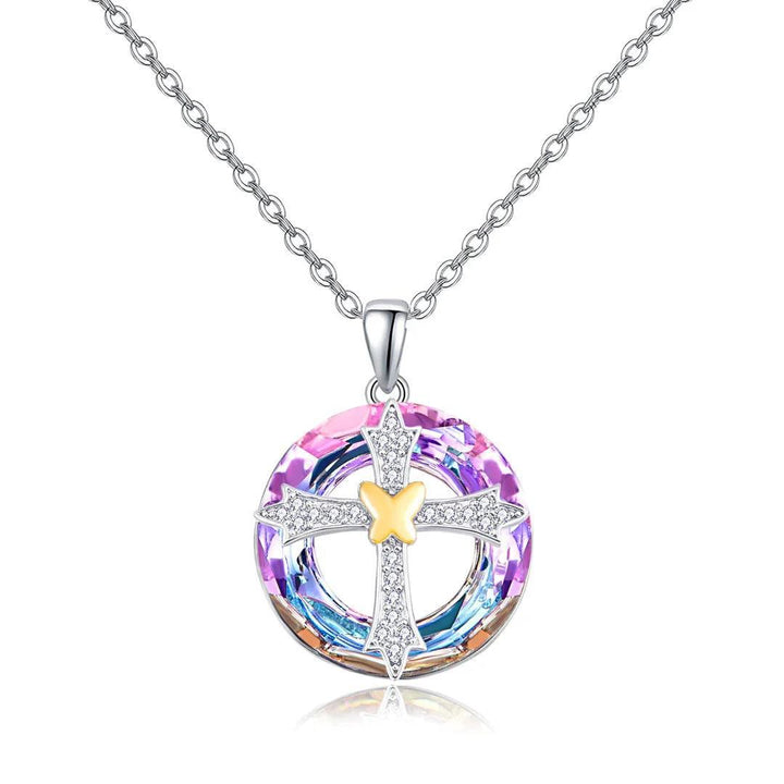Christianartworkshop Modern Style Friendship Blessing Cross Bowknot Crystal Necklace