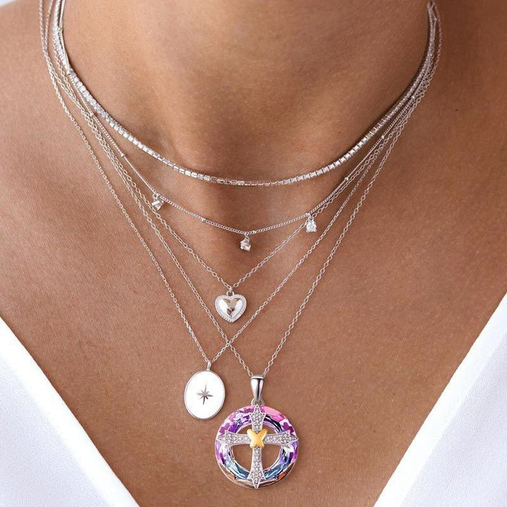 Christianartworkshop Modern Style Friendship Blessing Cross Bowknot Crystal Necklace