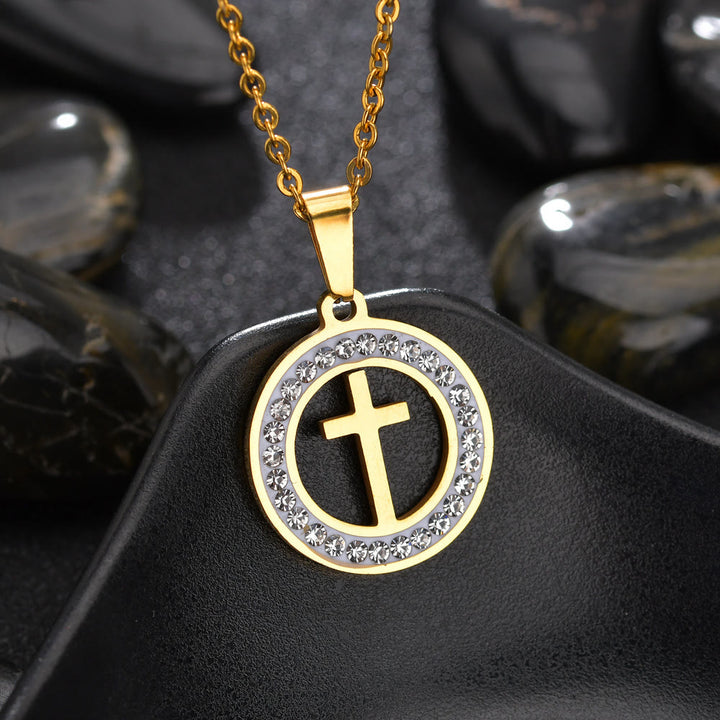 Christianartworkshop2 Minimalist Style Cross Golden Pendant Stainless Steel Necklace