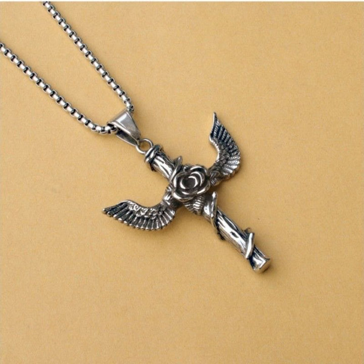 Christianartworkshop Retro Style Wings Rose Cross Pendant Titanium Necklace