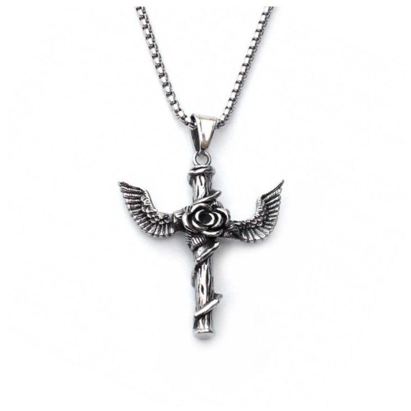 Christianartworkshop Retro Style Wings Rose Cross Pendant Titanium Necklace