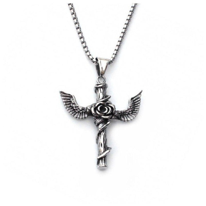 Christian Art Retro Style Wings Rose Cross Pendant Titanium Necklace