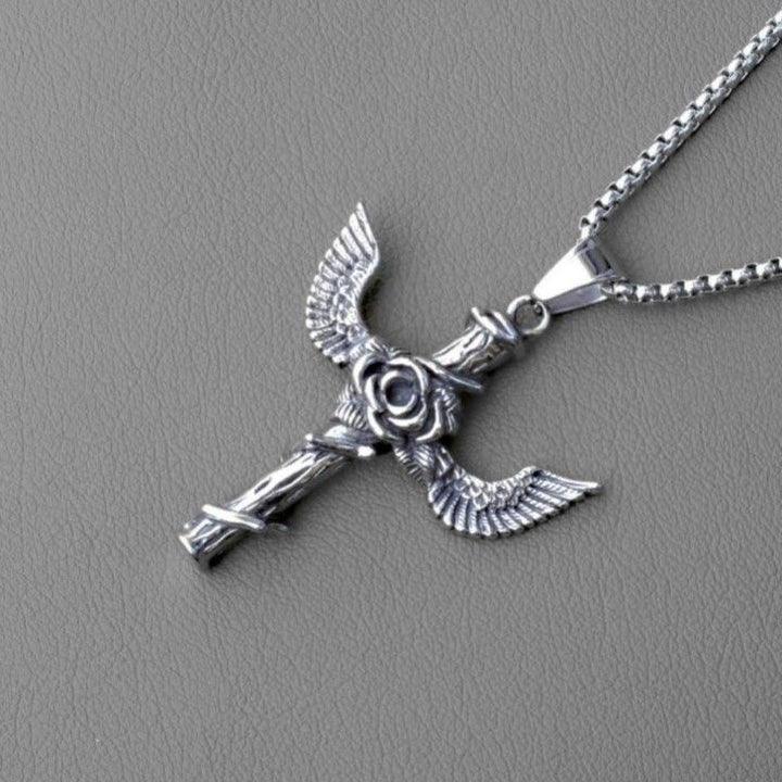 Christianartworkshop Retro Style Wings Rose Cross Pendant Titanium Necklace