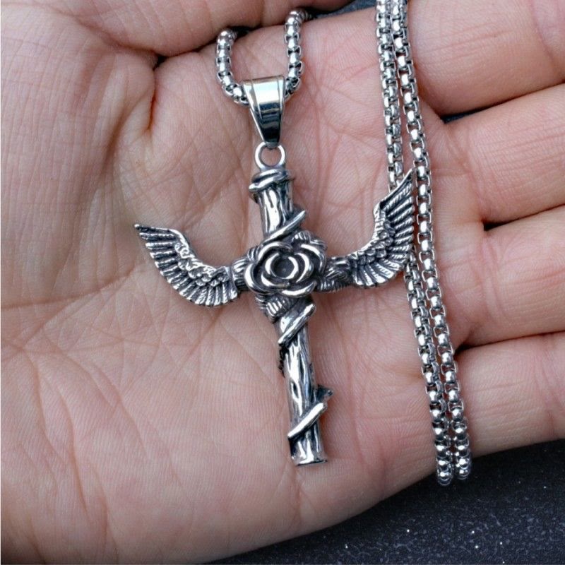 Christianartworkshop Retro Style Wings Rose Cross Pendant Titanium Necklace