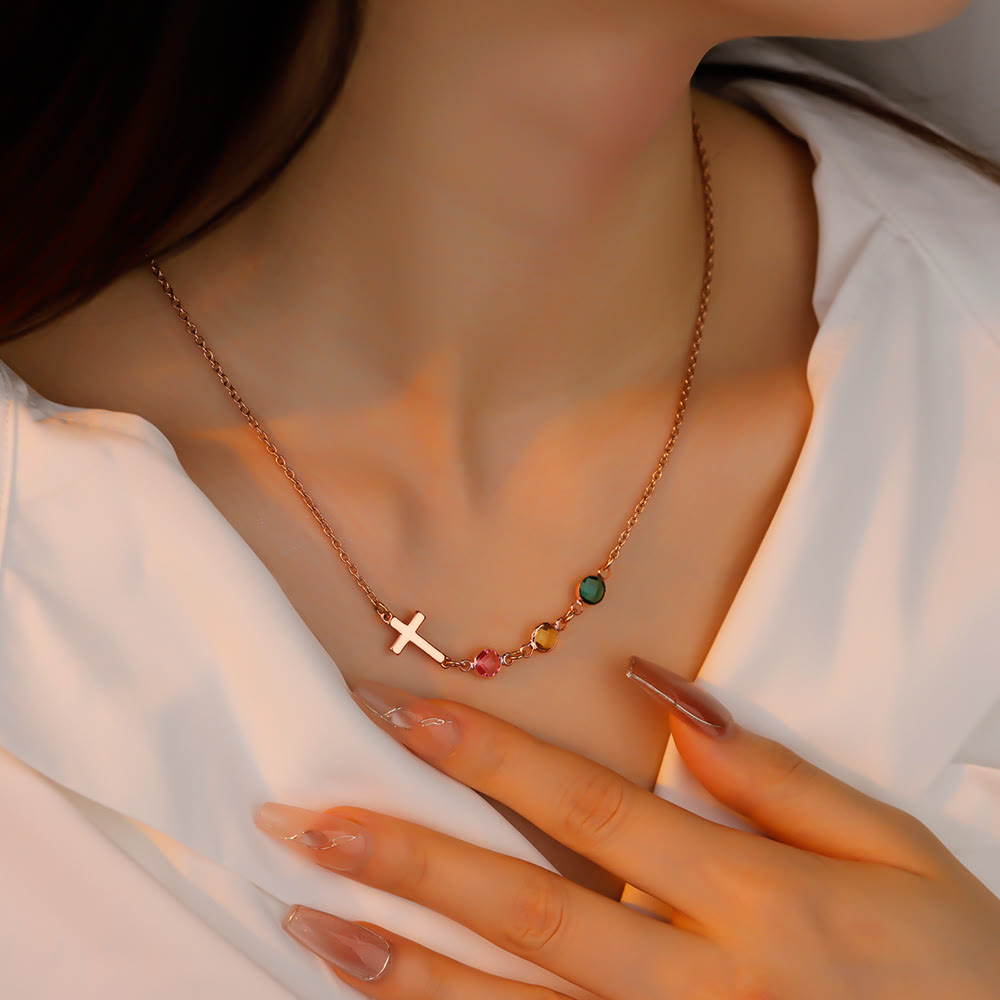 Christian Art Modern Style Birthstones Cross Chain Necklace