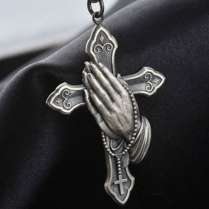 Christianartworkshop Classic Style Praying Hands Cross Pendant Titanium Necklace