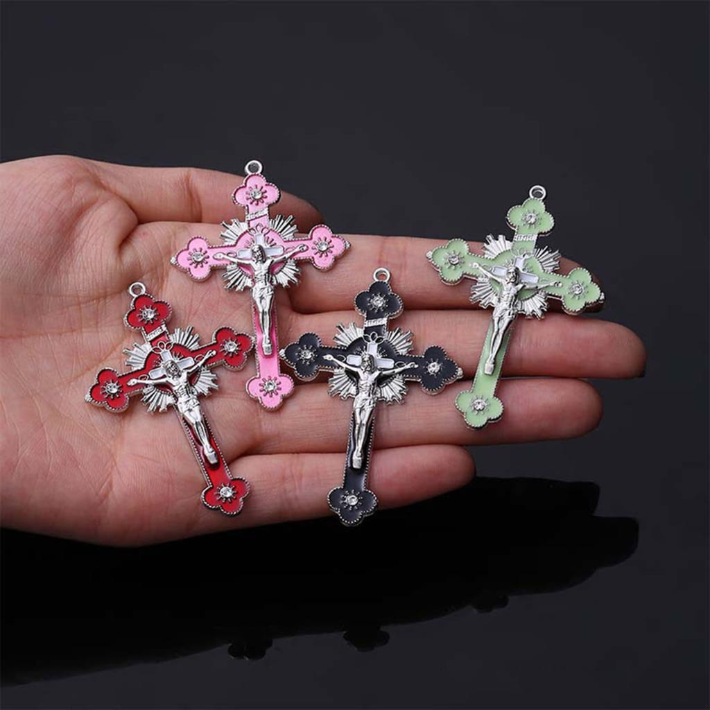 Christianartworkshop Classic Style Colorful Crafted Triple Crucifix Pendant Chain Necklace