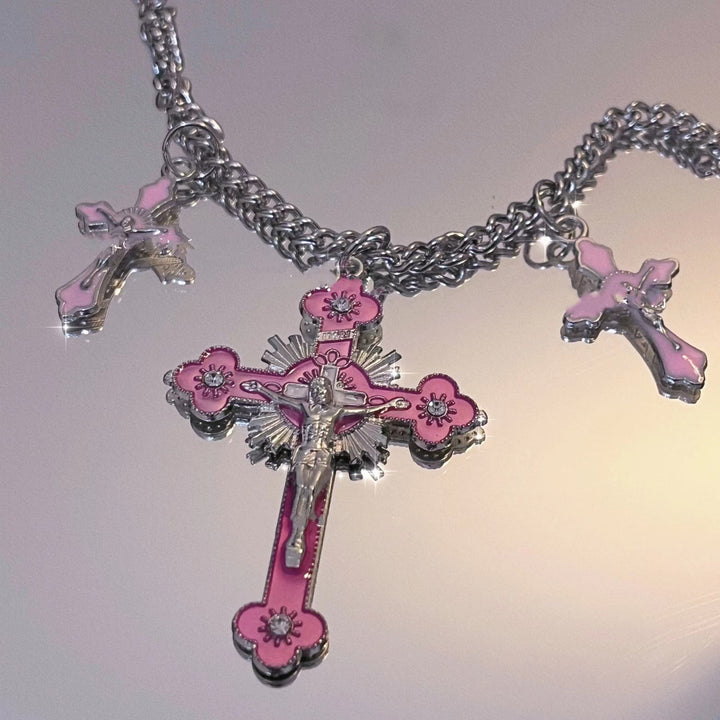 Christianartworkshop Classic Style Colorful Crafted Triple Crucifix Pendant Chain Necklace