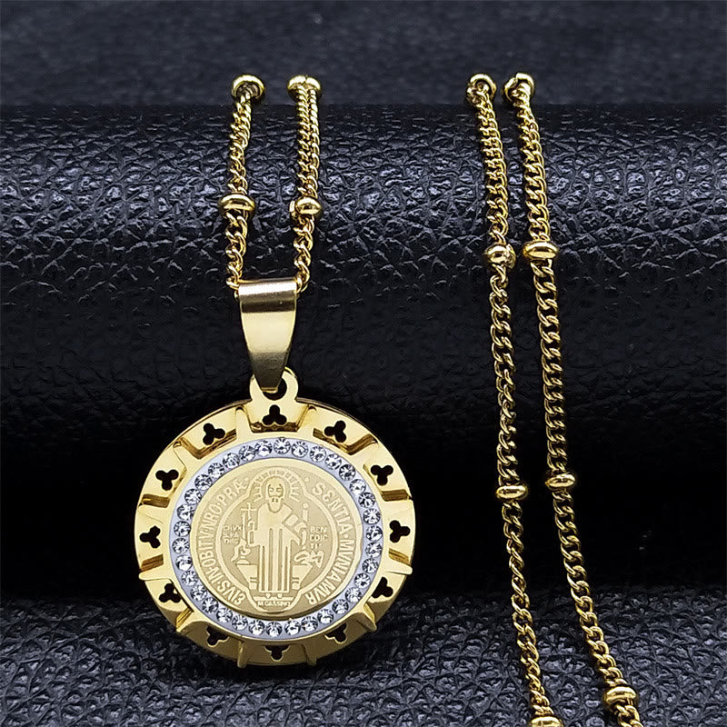 Christianartworkshop Retro Style Gem-set St. Benedict Medal Pendant Necklace