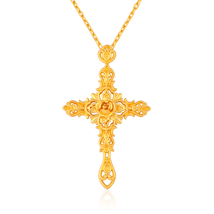 Christianartworkshop 999 Pure Gold Retro Style Thorn Rose Cross Ancient Craftsmanship Pendant