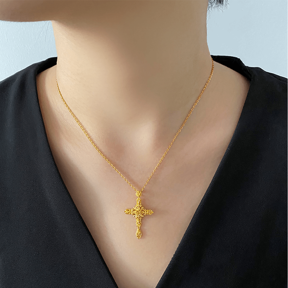 Christian Art 999 Pure Gold Retro Style Thorn Rose Cross Ancient Craftsmanship Pendant