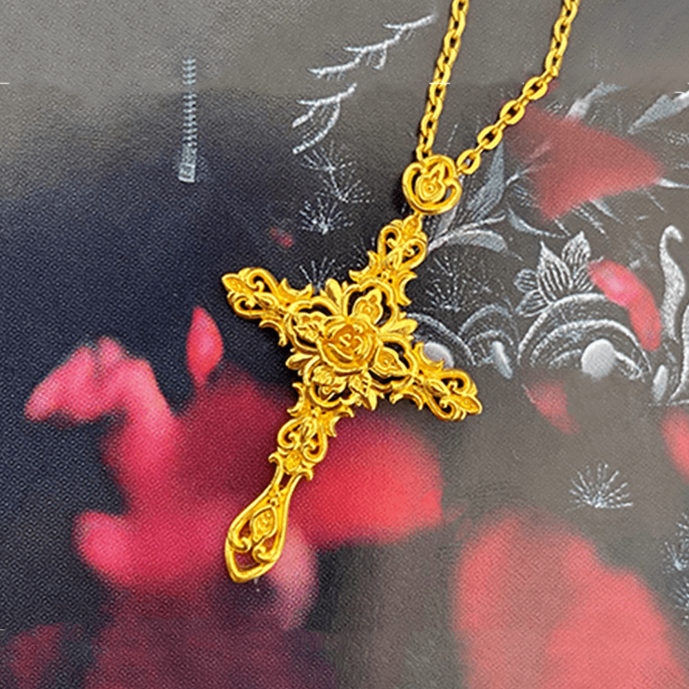 Christian Art 999 Pure Gold Retro Style Thorn Rose Cross Ancient Craftsmanship Pendant