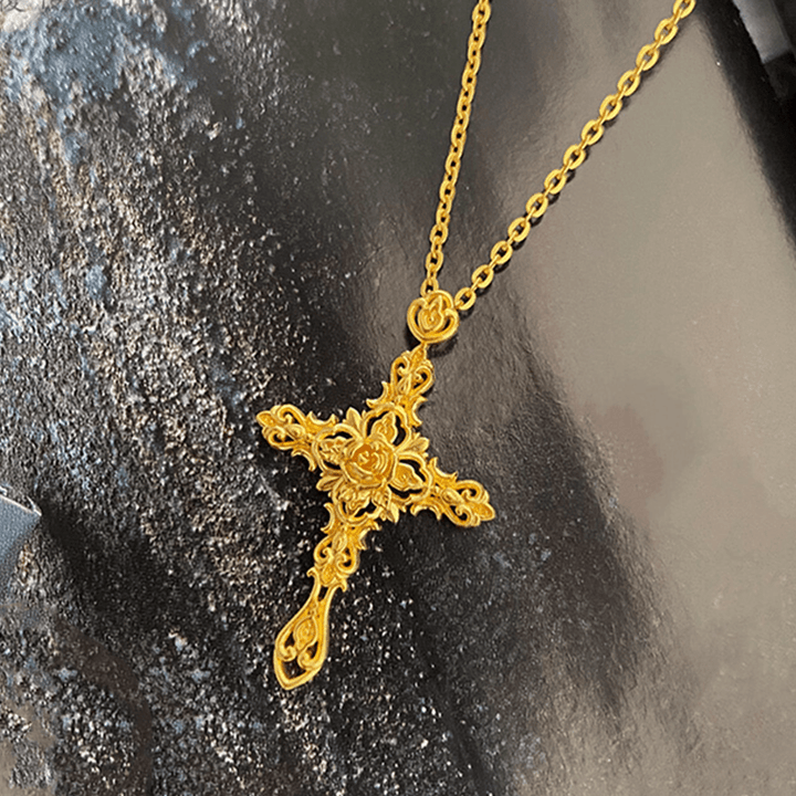 Christianartworkshop 999 Pure Gold Retro Style Thorn Rose Cross Ancient Craftsmanship Pendant