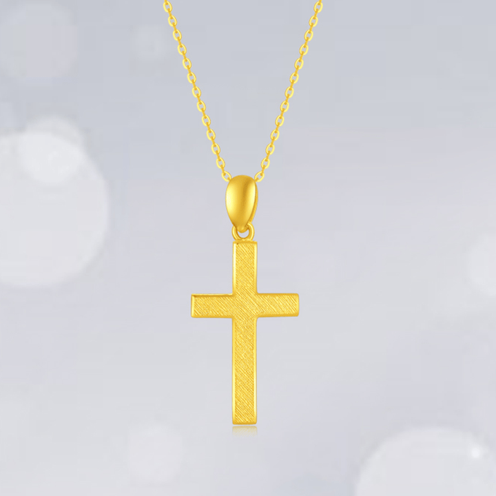 Christianartworkshop 999 Pure Gold Minimalist Style Cross Frosted Pendant Necklace