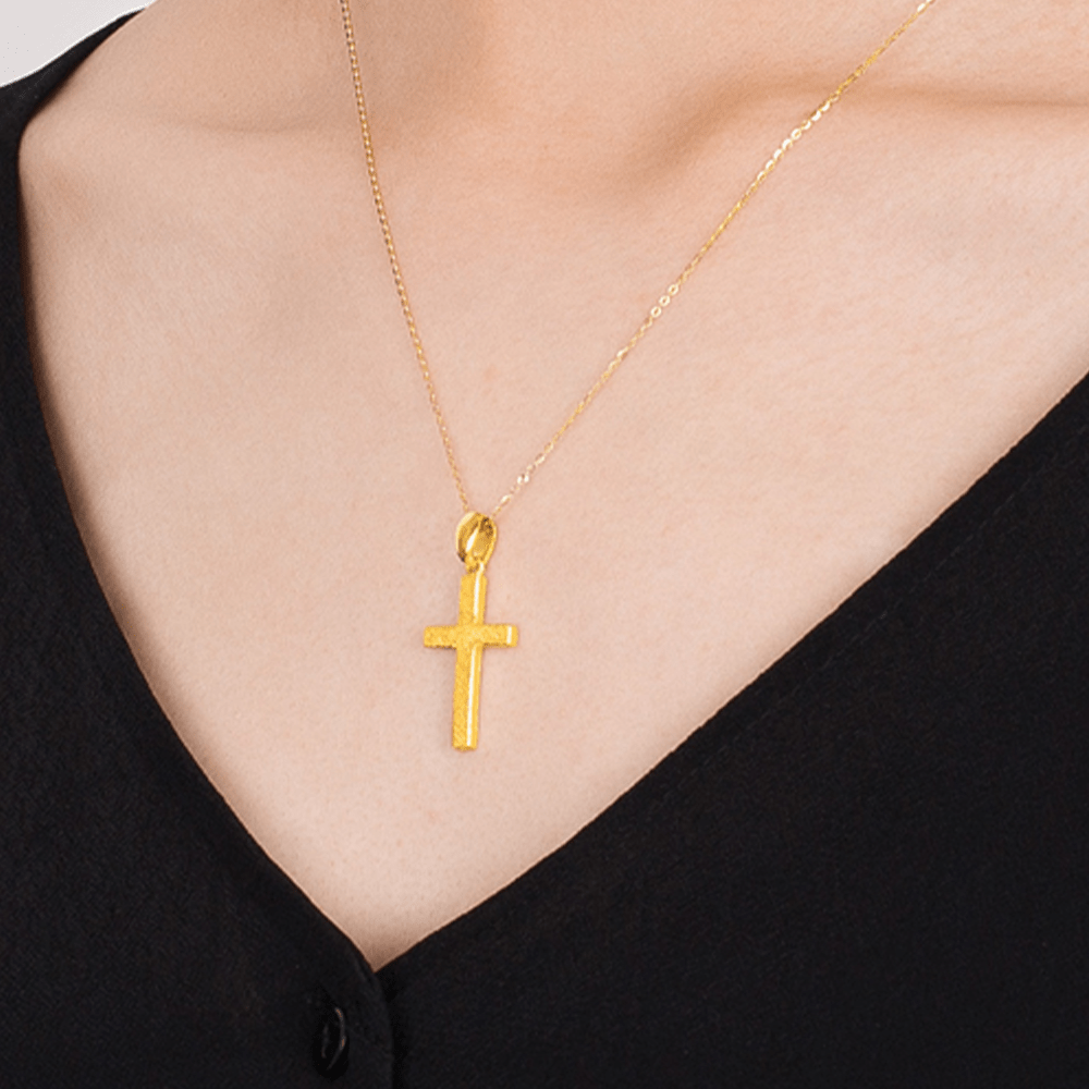 Christian Art 999 Pure Gold Minimalist Style Cross Frosted Pendant Necklace