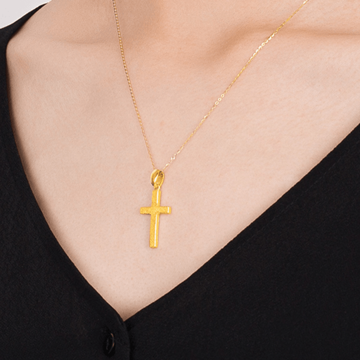 Christianartworkshop 999 Pure Gold Minimalist Style Cross Frosted Pendant Necklace