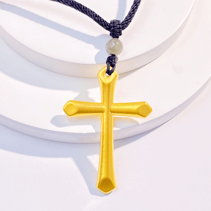 Christianartworkshop 999 Solid Gold Minimalist Style Cross Frosted Pendant Necklace